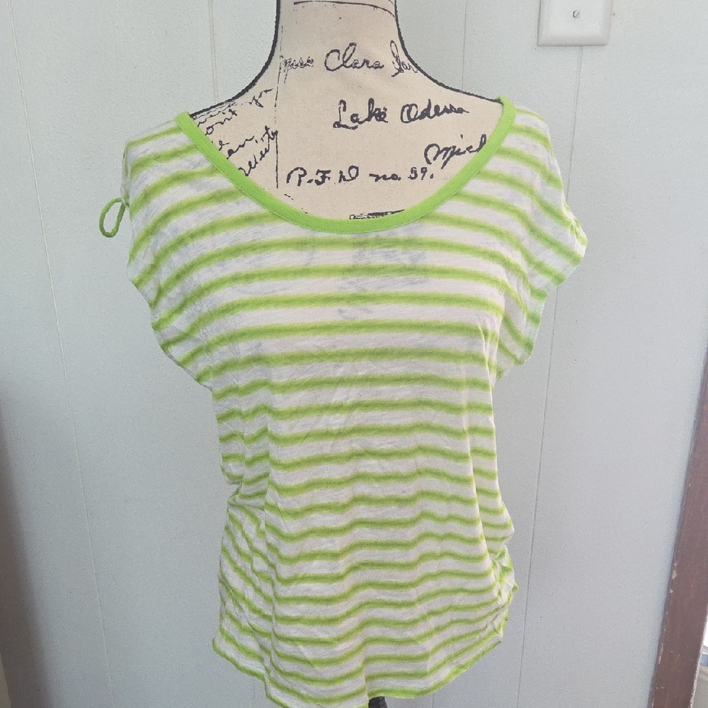 MICHAEL KORS Fresh Lime Striped Scoop Neck Top Sz L